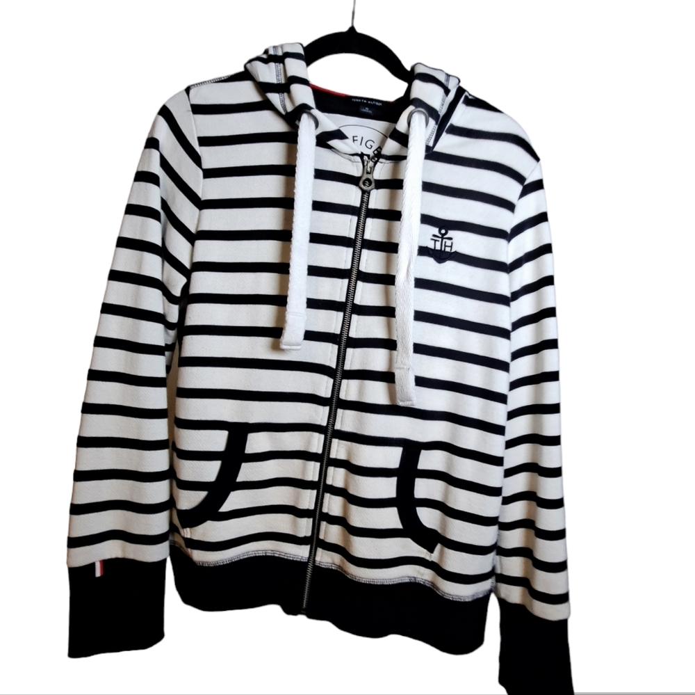TOMMY HILFIGER zipper front striped hoodie with classic nautical styling.